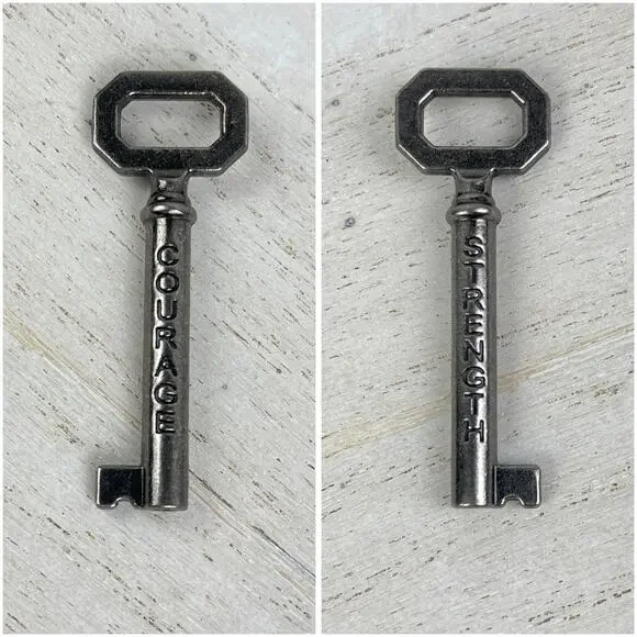 COURAGE & STRENGTH Engraved Key of Wisdom Charm Pendant Keepsake Dark Silver Key - Picture 1 of 16